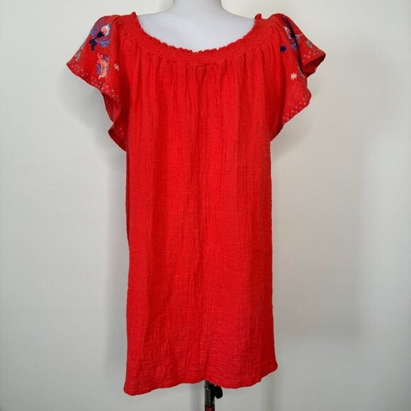Umgee Boho Embroidered Mini Dress Coral Orange Beachy Crepe Lightweight Sz S - Picture 3 of 16